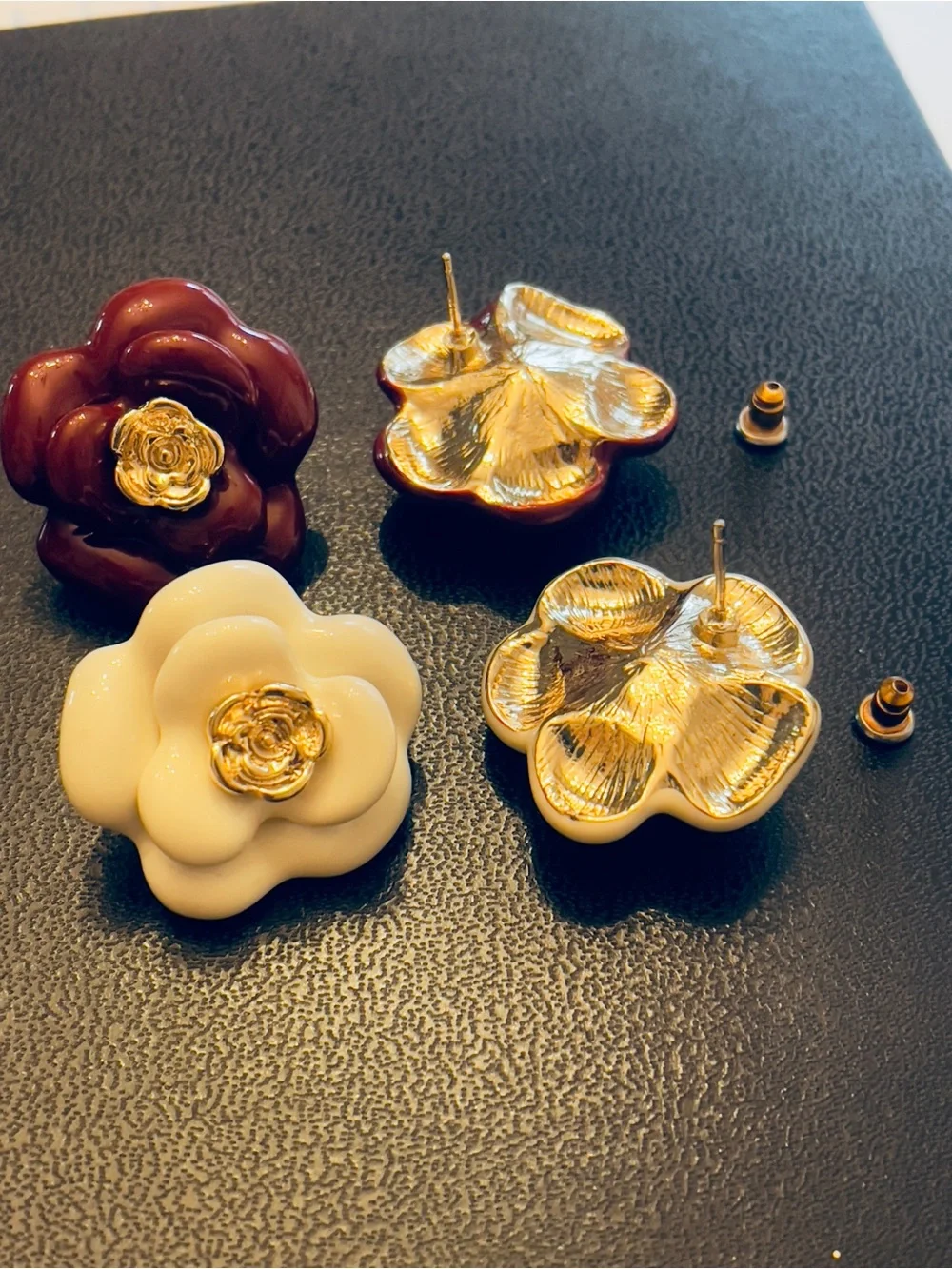 Camellia shape Earrings in Burgundy and Off White with Gold Accent